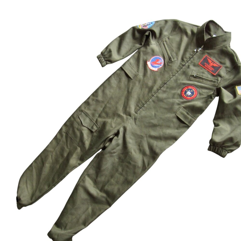 Top Gun Fighter Pilot Flight Suit Costume Military Green Child Size M HALLOWEEN